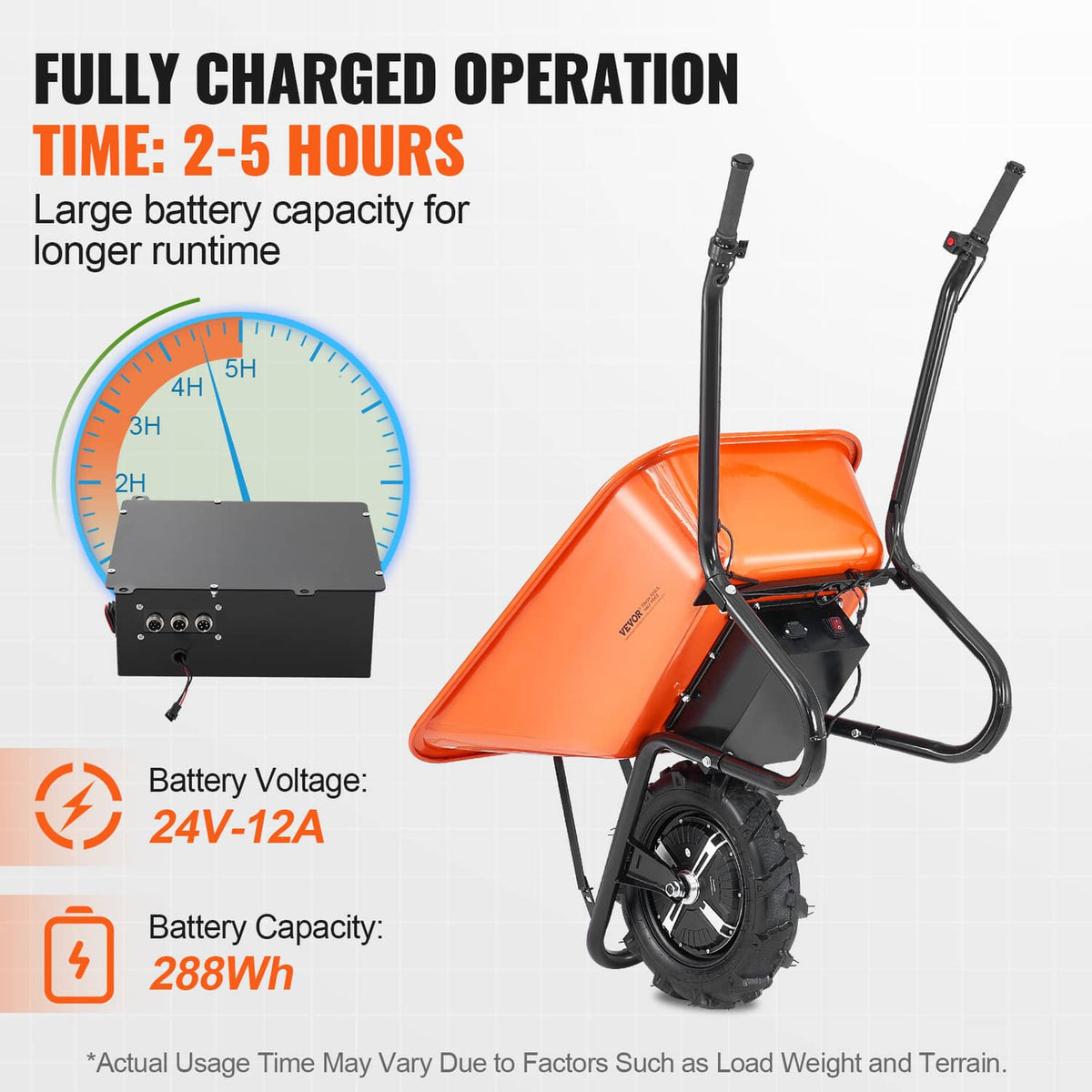 Orange and black electric one-wheel wheelbarrow cart with battery unit beside it