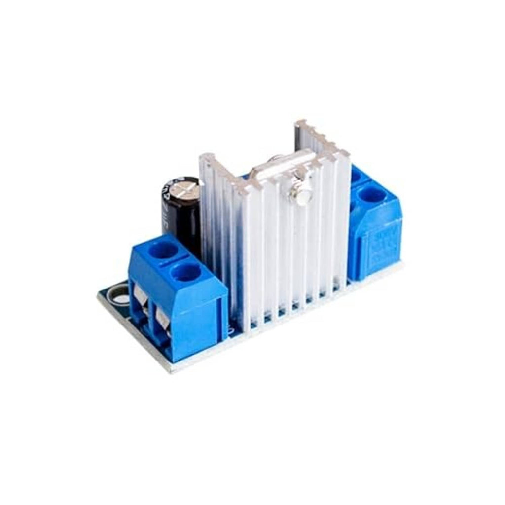 LM317 regulator module PCB side view with blue terminal blocks and heat sink