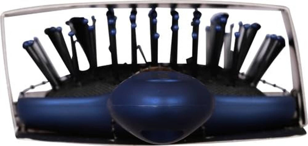 Blue paddle hair brush cushion base with rows of nylon bristle tips