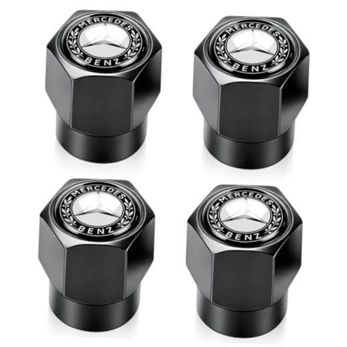 Set of black tire valve stem caps with Mercedes-Benz logo emblems, hex-style finish