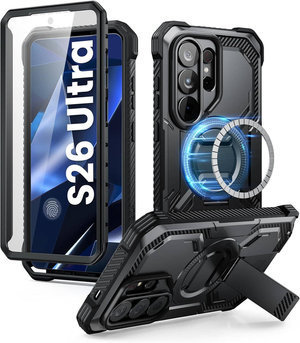 Rugged black Galaxy S26 Ultra case with MagSafe ring and adjustable metal kickstand