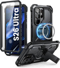 Rugged black Galaxy S26 Ultra case with MagSafe ring and adjustable metal kickstand