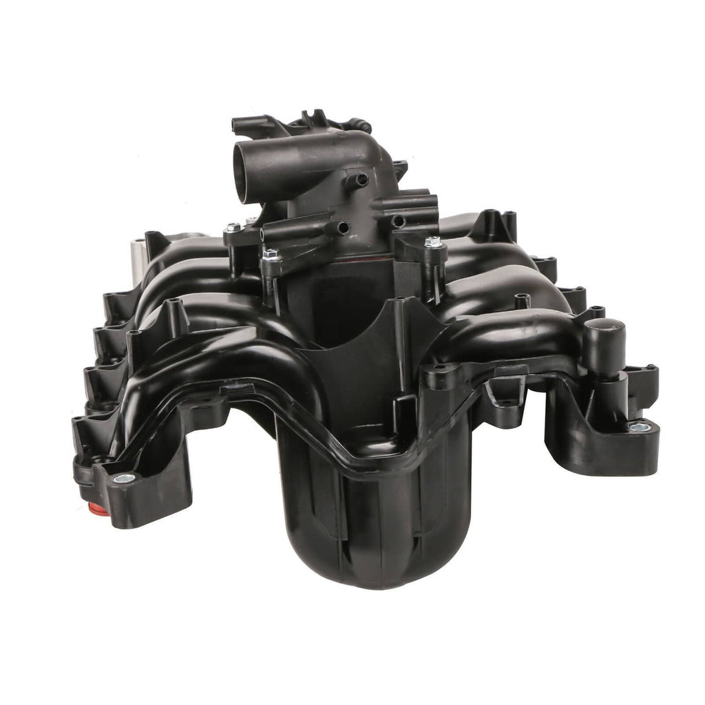 Engine intake manifold with black inlet opening and mounting brackets