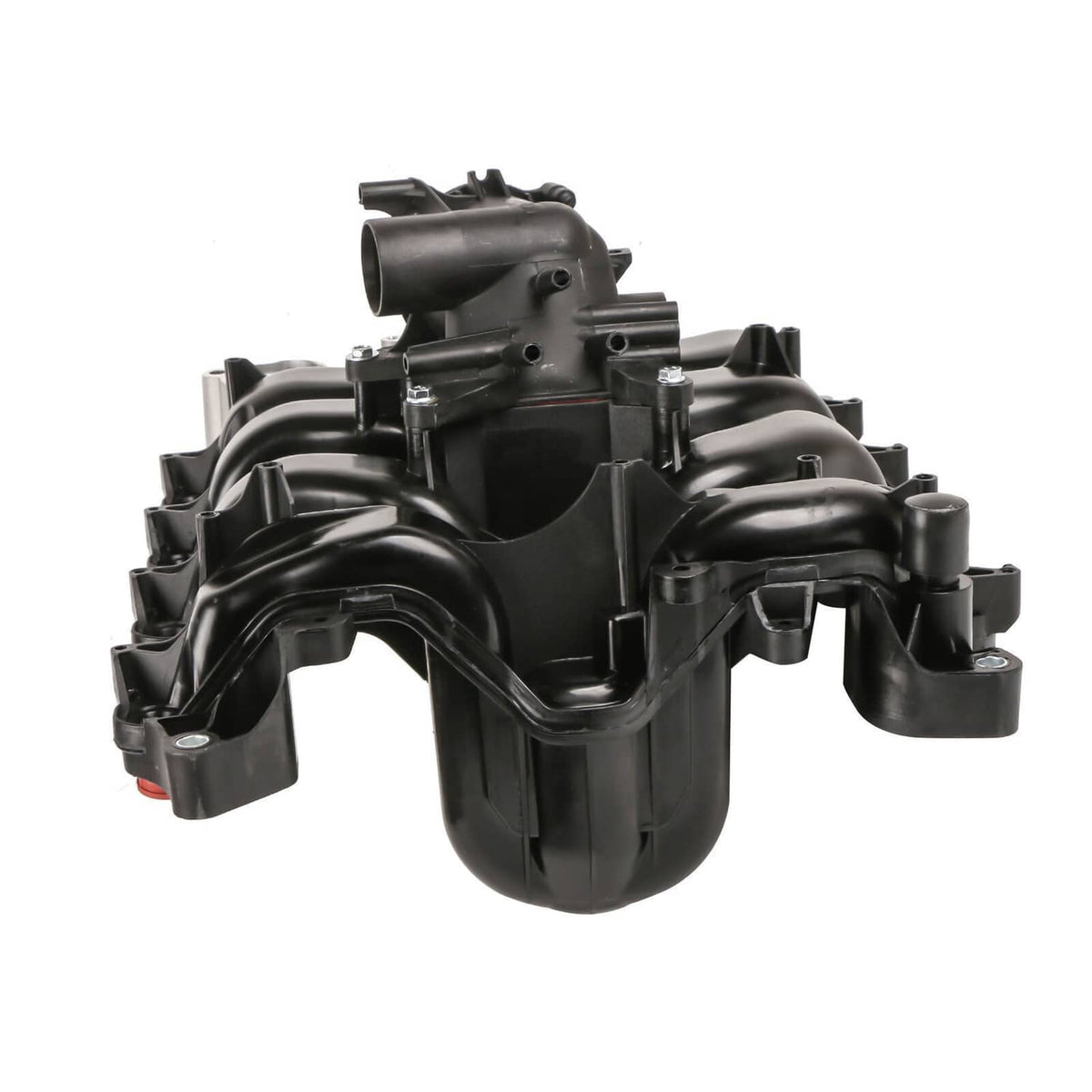 Engine intake manifold with black inlet opening and mounting brackets