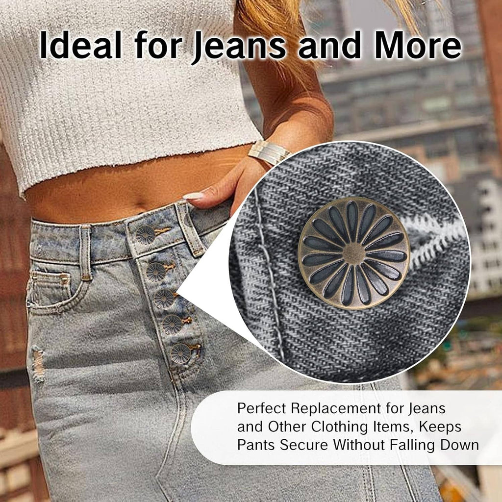 Bronze daisy snap button detail on blue-gray jeans with snap hardware