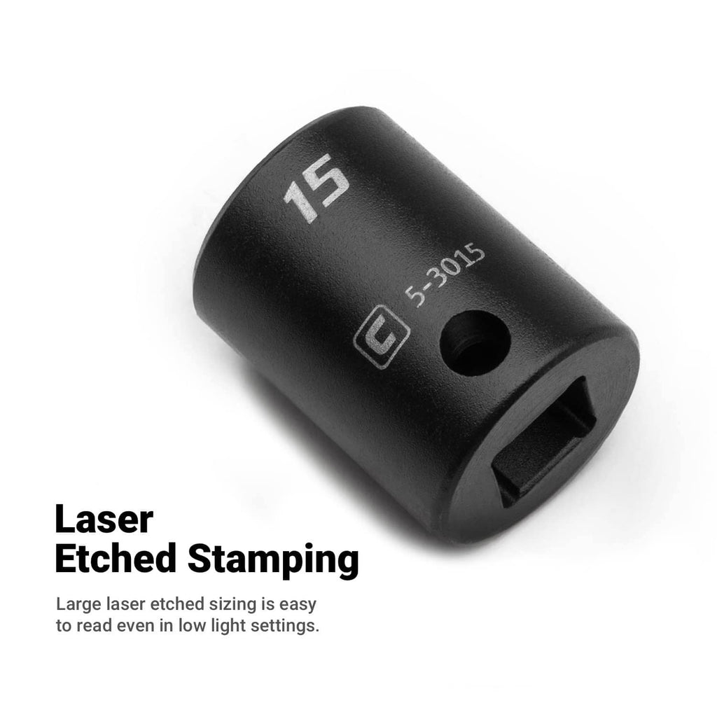 Black impact socket with laser-etched '15' marking and side hole