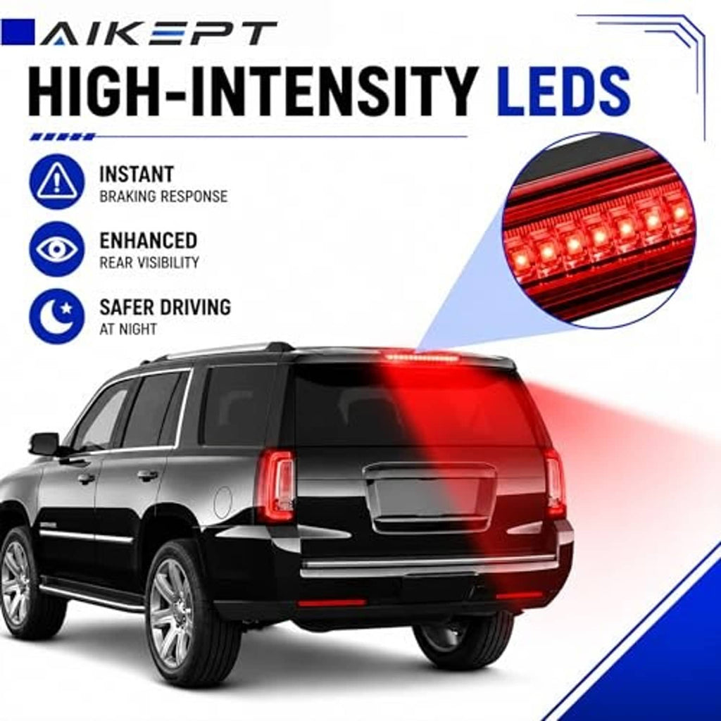 Rear view of SUV with illuminated LED third brake light bar glowing red