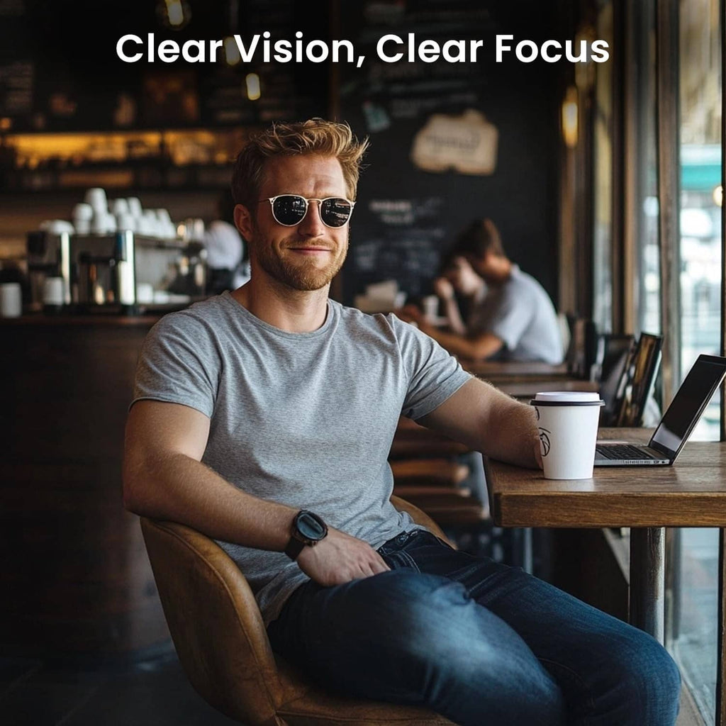 Eyeglass lens cleaner spray set promo image with man wearing sunglasses in a cafe