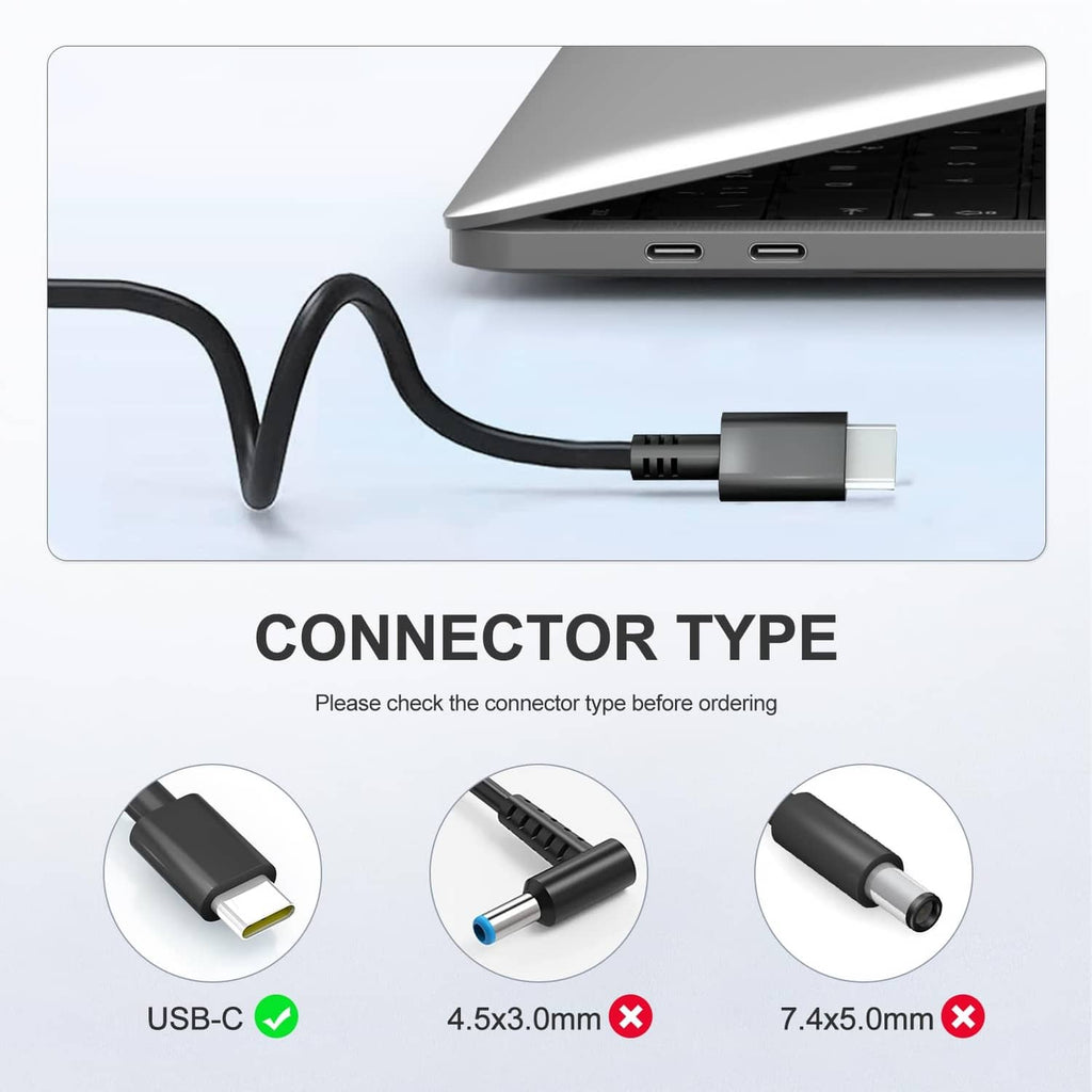 USB-C connector on black charging cable for laptop charger