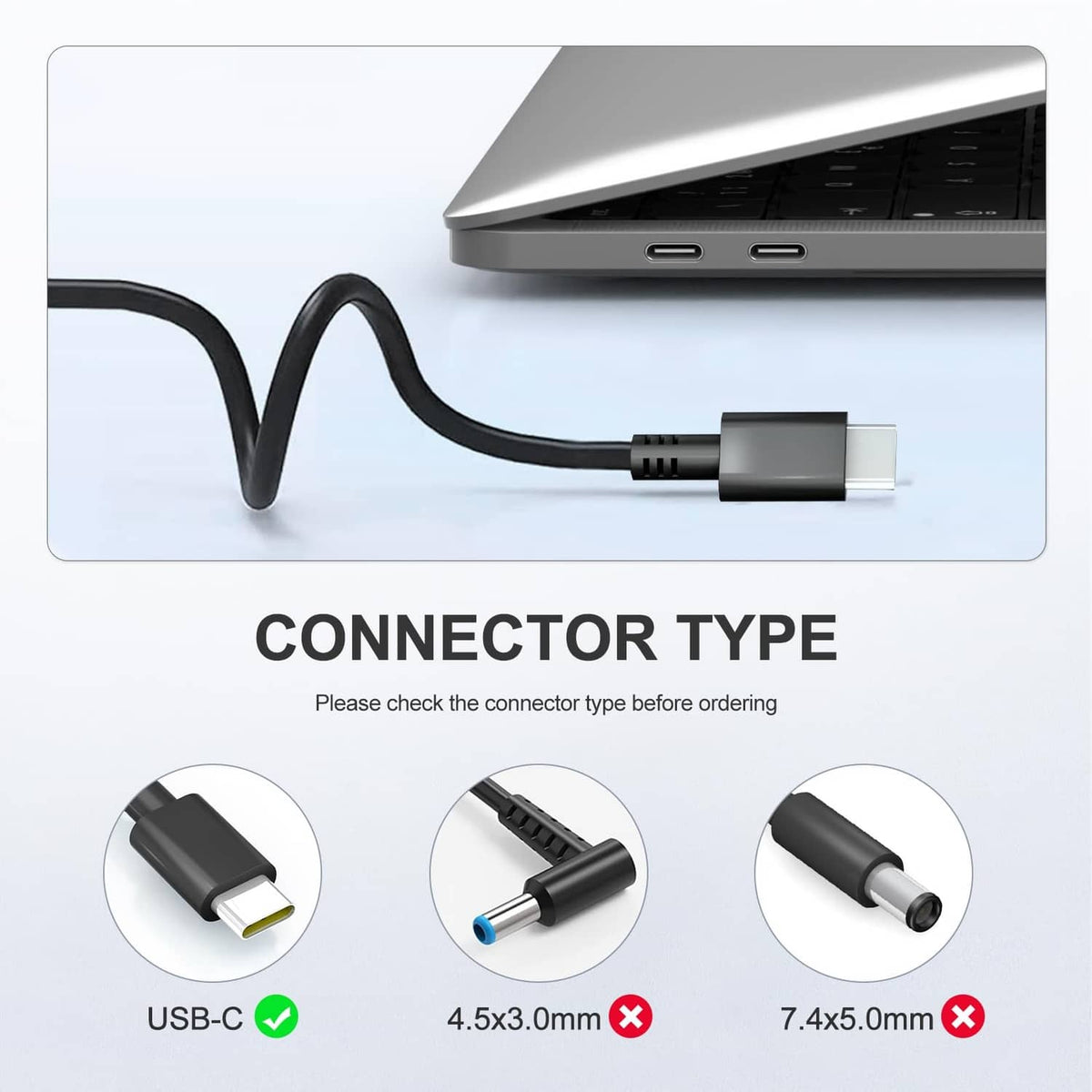 USB-C connector on black charging cable for laptop charger