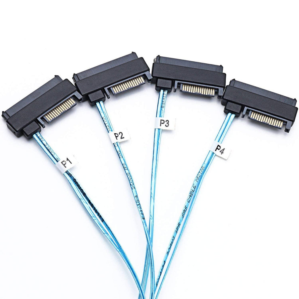 Internal mini SAS HD cable showing four black 29-pin SFF-8482 plug ends with blue wiring