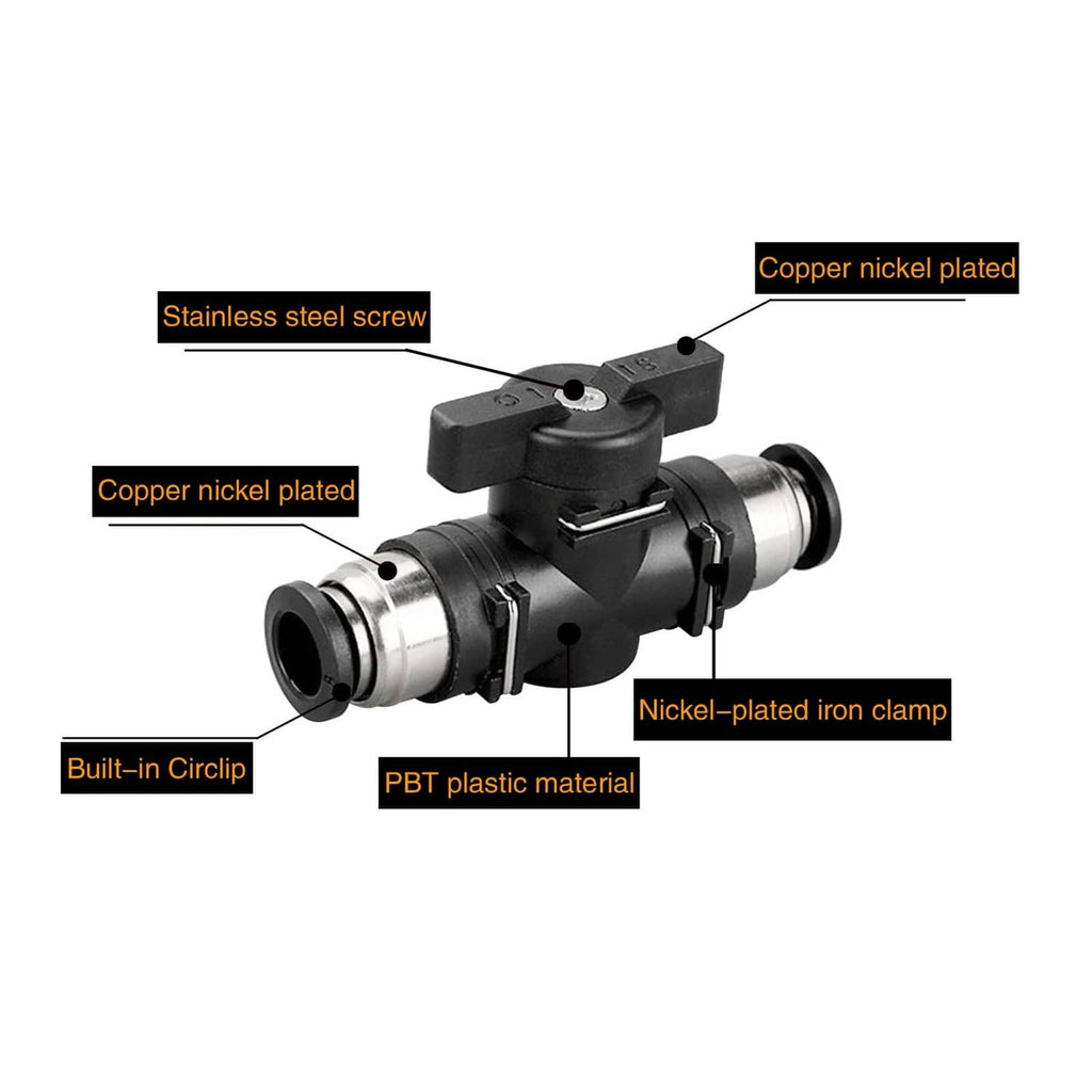 Push-connect pneumatic ball valve with nickel-plated clamp and built-in circlip