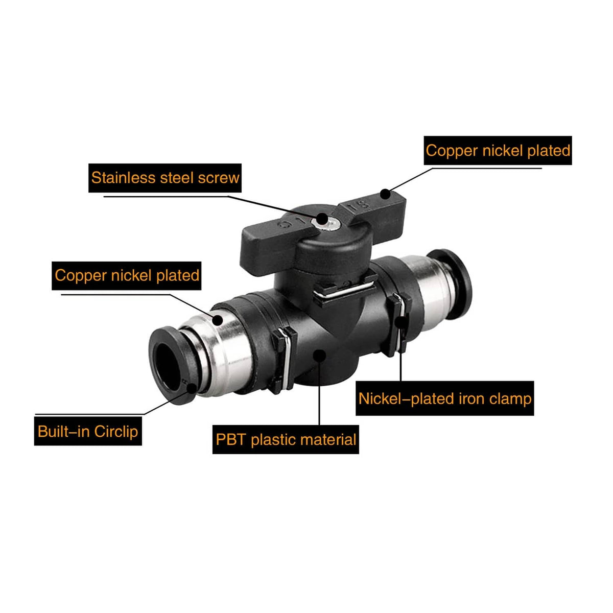 Push-connect pneumatic ball valve with nickel-plated clamp and built-in circlip