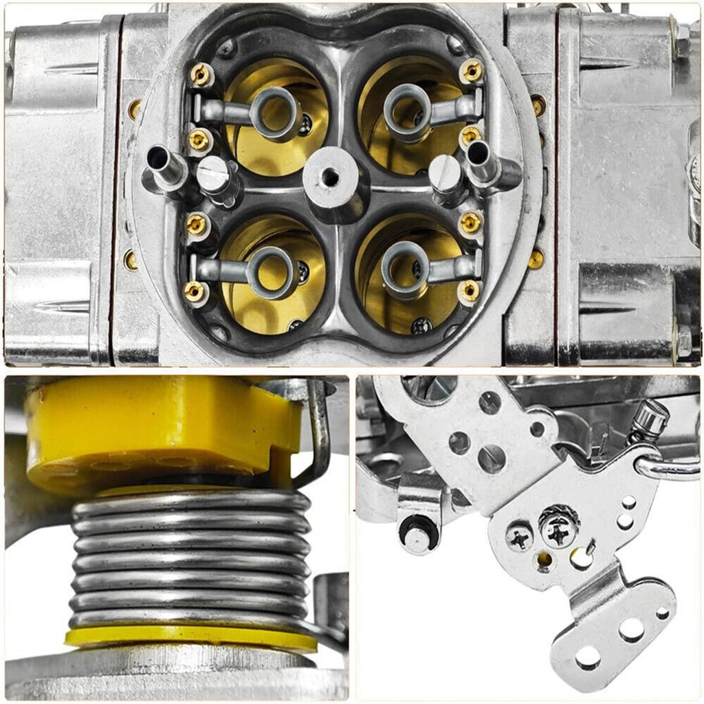 4-barrel carburetor front view with gold-lined bores and spring-loaded component