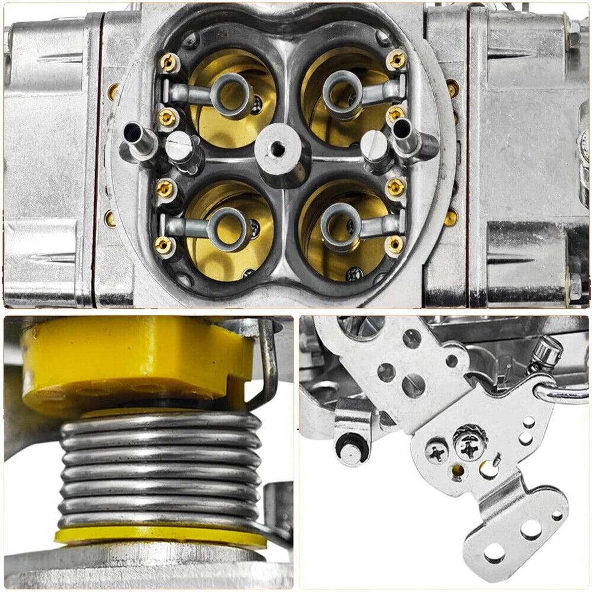 4-barrel carburetor front view with gold-lined bores and spring-loaded component