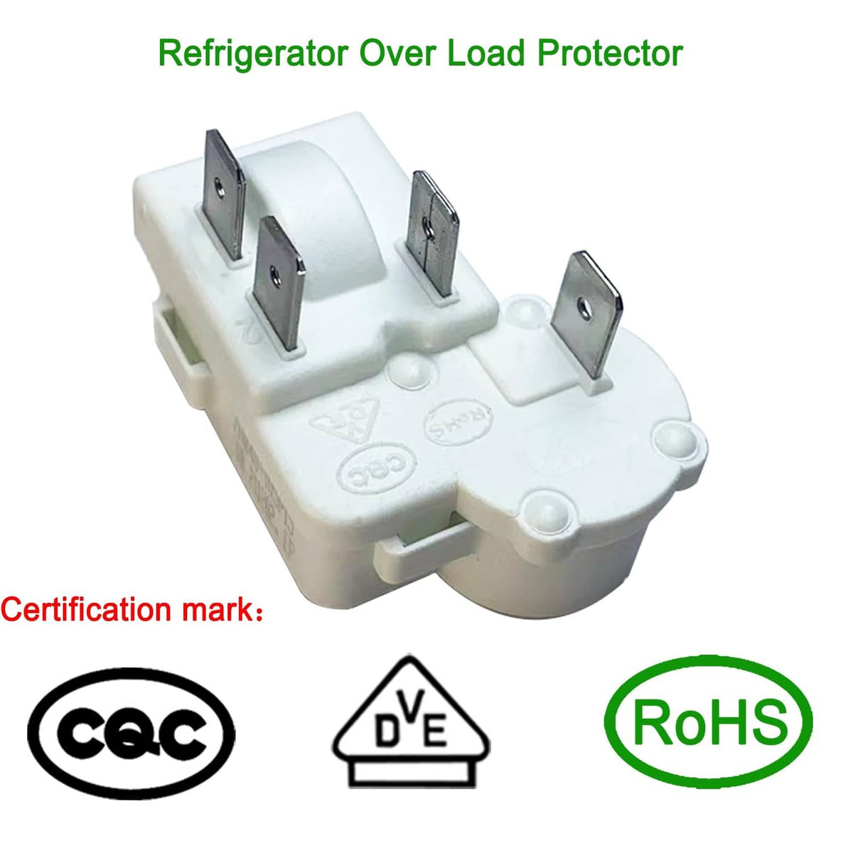Refrigerator over load protector relay with certification icons, white molded housing