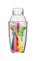 Martini mini golf shaker with clear cap and assorted rainbow tees inside