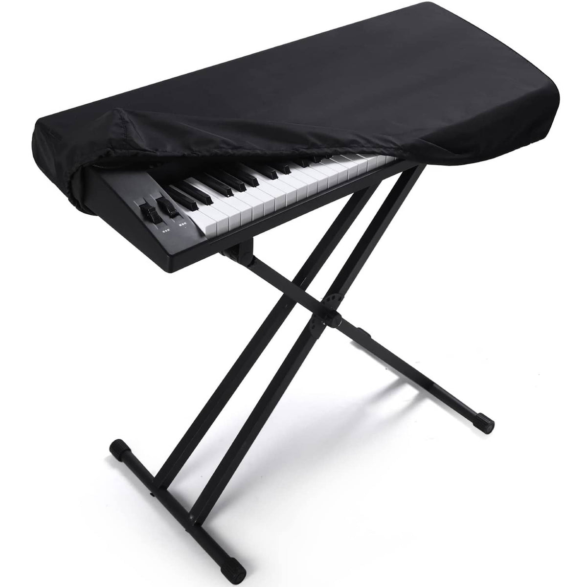 Black 61-key piano keyboard dust cover with drawstring closure and stand base cutouts