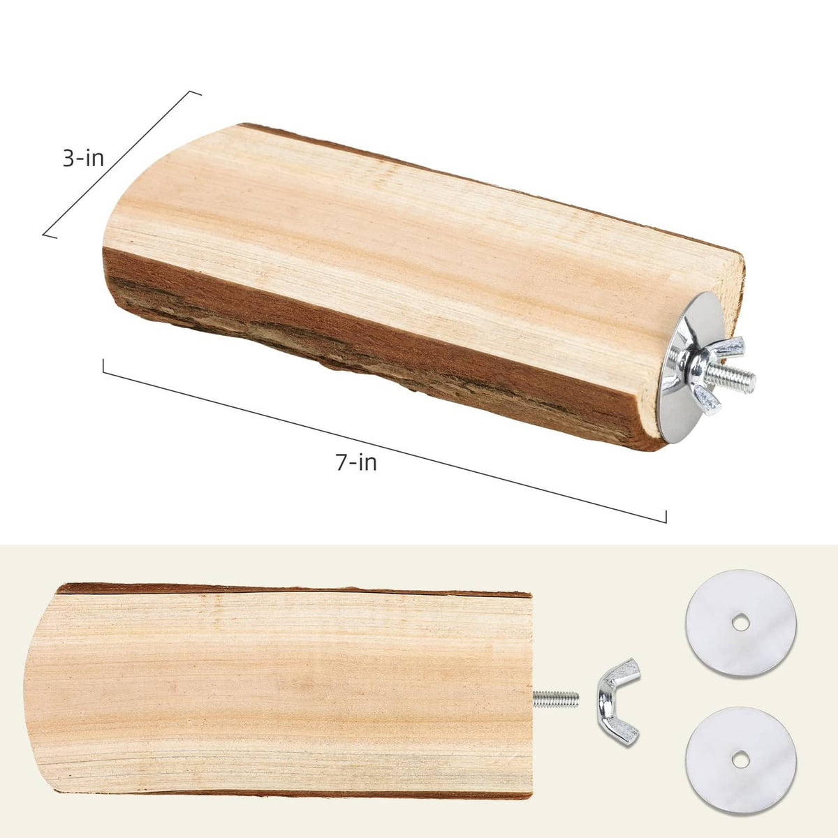Wooden bird perch platform, 7 in long x 3 in wide, with metal mounting bolts