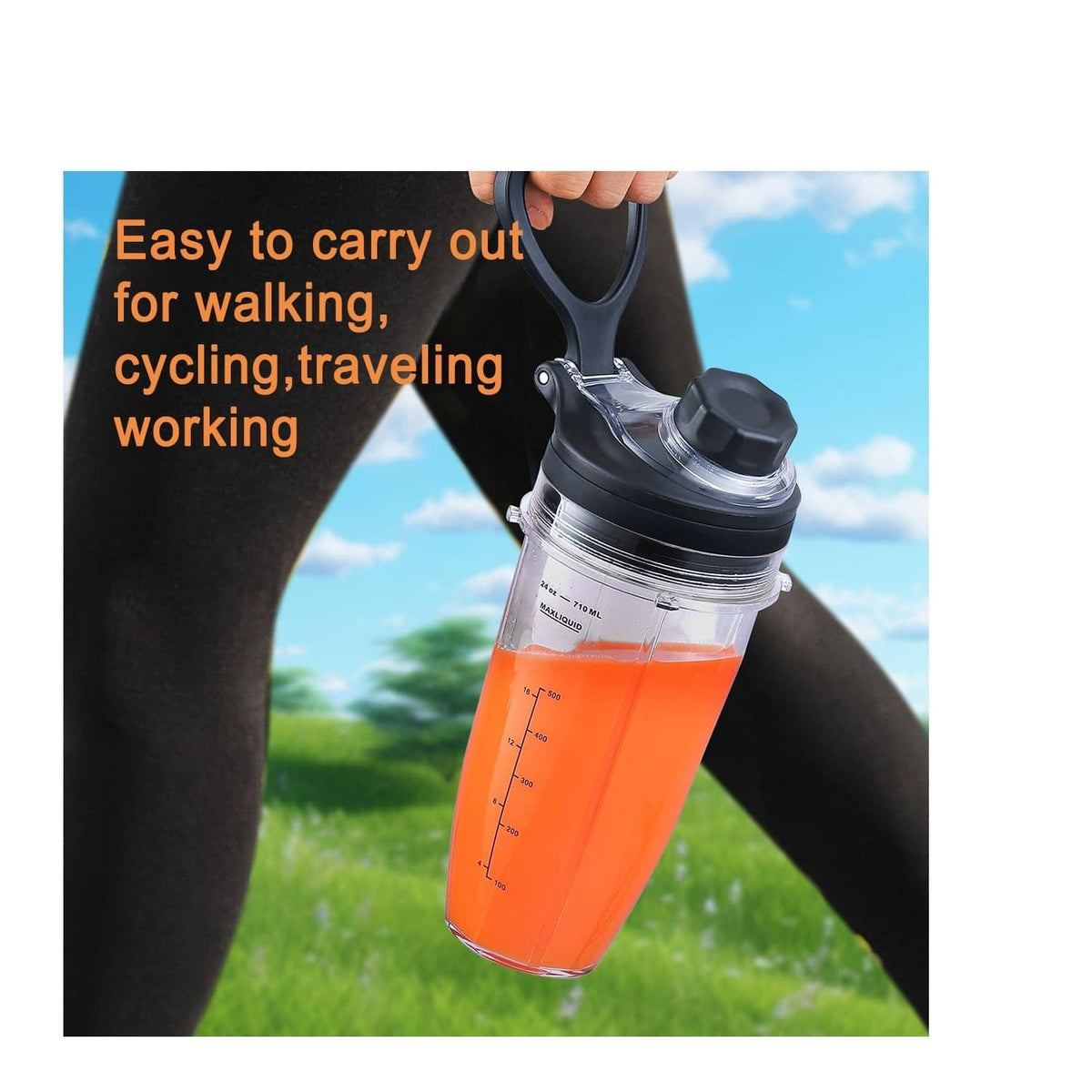 24 oz portable blender cup with black lid and handle, orange blend