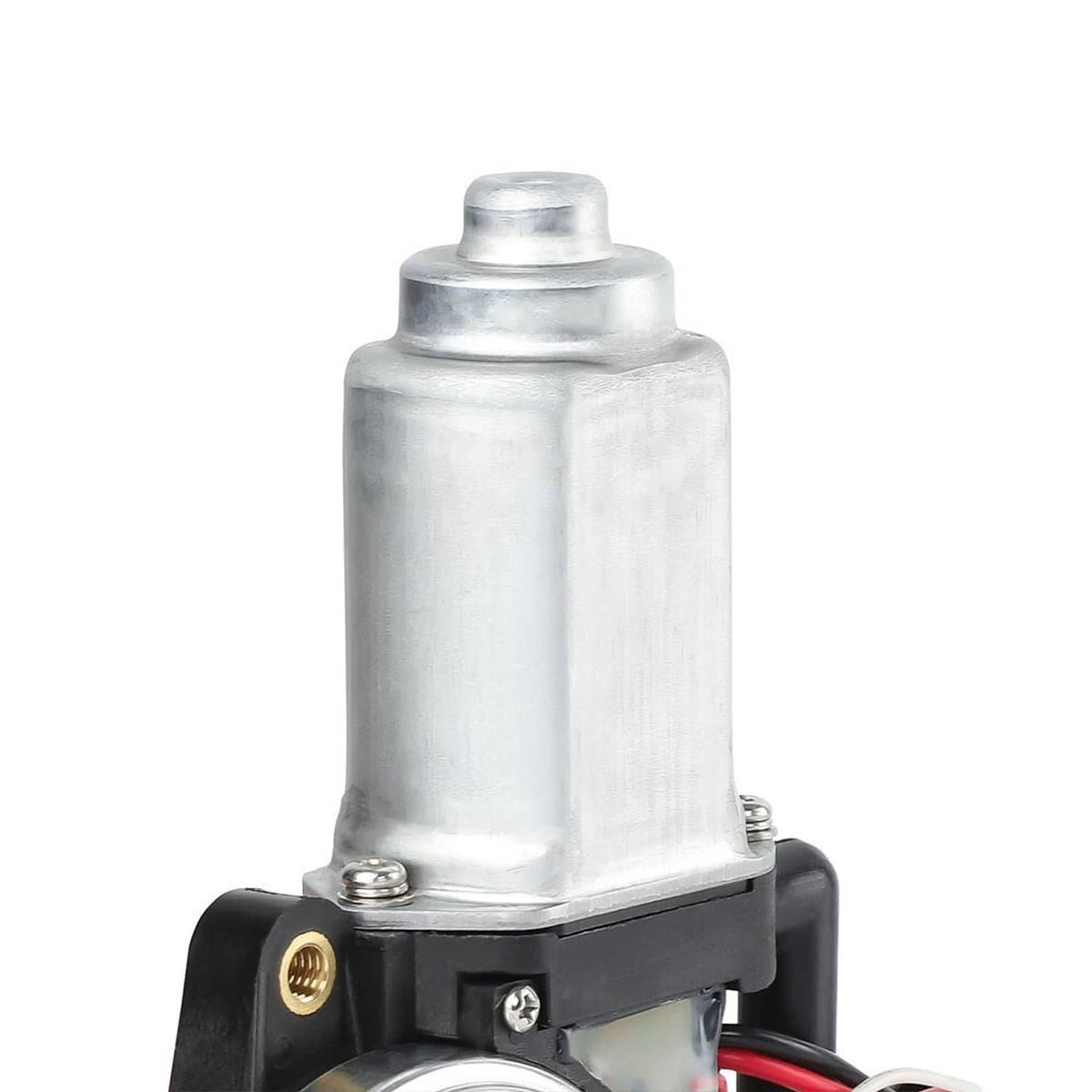 Silver metal window motor cylinder with black bracket base and wiring leads
