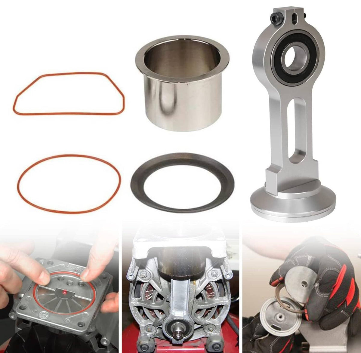 Compressor piston kit parts set with cylinder sleeve, bearing, gaskets, and O-rings
