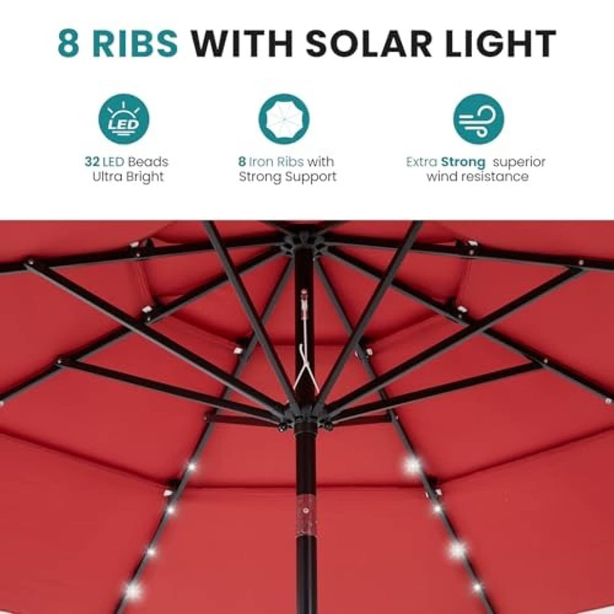 Red patio umbrella canopy with rib frame and LED light string details