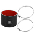 Black silicone reducer hose with red inner lining and two silver metal hose clamps