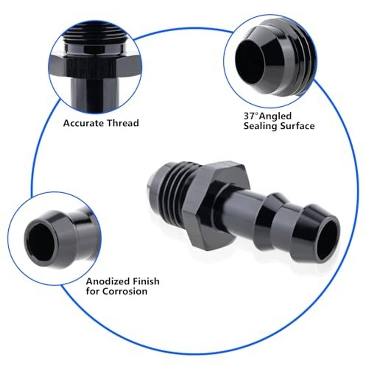 Angled sealing 6AN male to 3/8 hose barb adapter with hex body