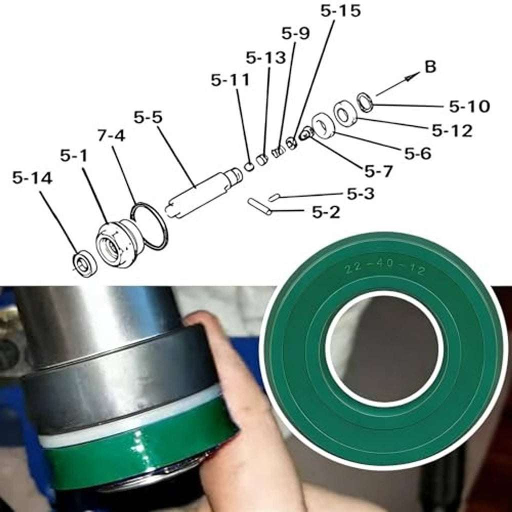 Green U-cup seal for hydraulic floor jack, with exploded parts diagram and close-up