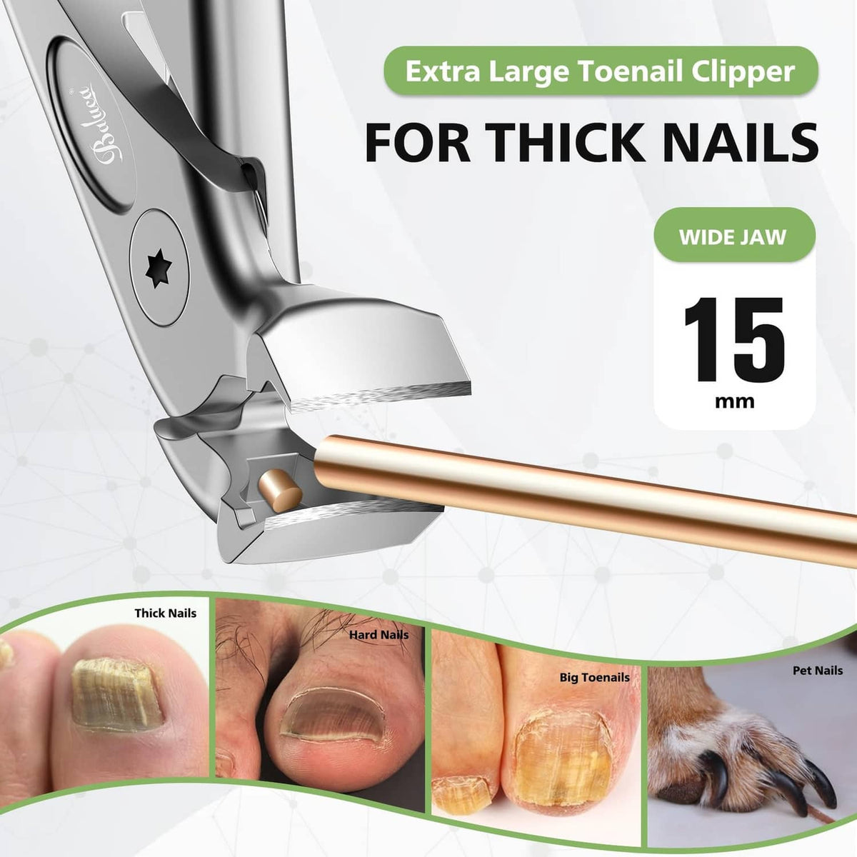 Extra-wide jaw toenail clipper head cutting thick nails with long wooden handle