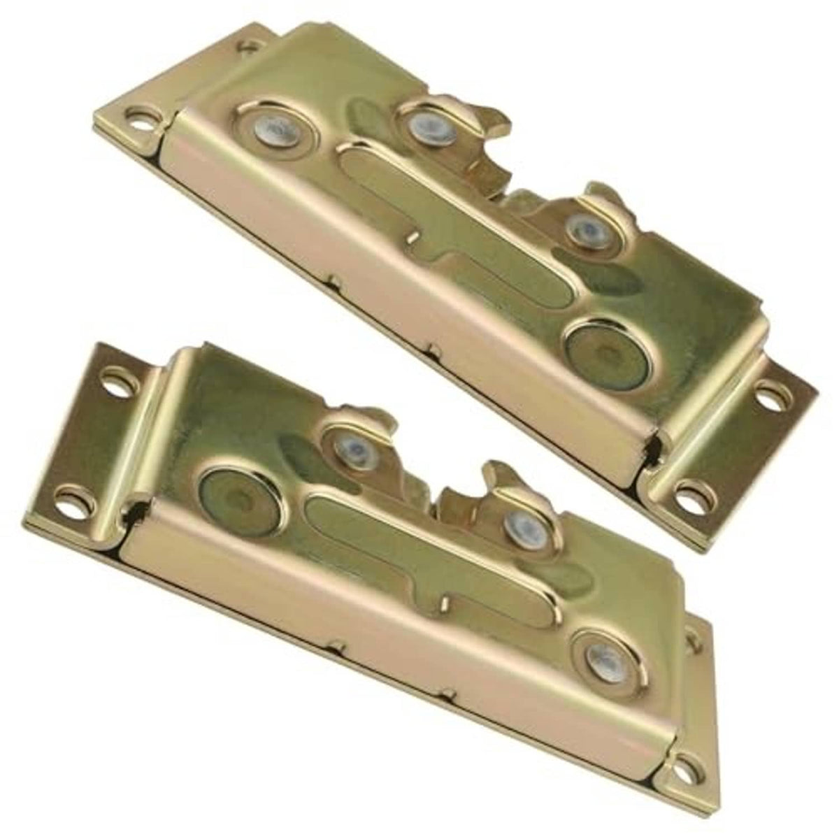 Metal door latch lock pair with latch components and mounting brackets, brass tone.