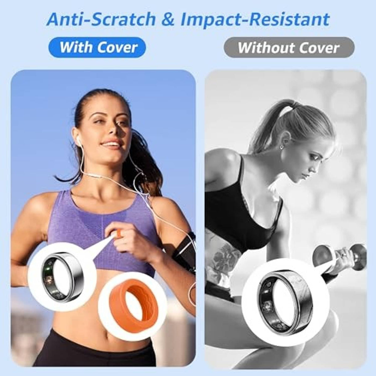 Anti-scratch silicone ring cover shown with cover vs no-cover protection