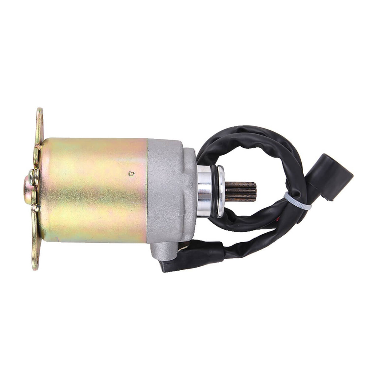 Starter motor with iridescent cylinder, gray housing, black wiring harness, exposed toothed shaft