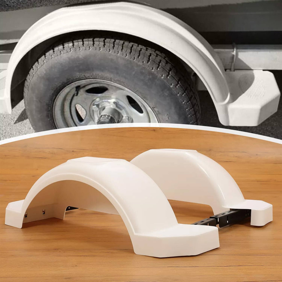 White HDPE trailer fender installed near a wheel tire; fender pair and brackets