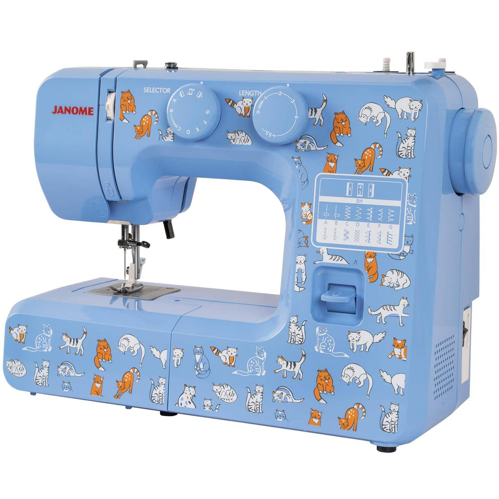 Blue Janome sewing machine with cat-print body, front-left view and stitch controls
