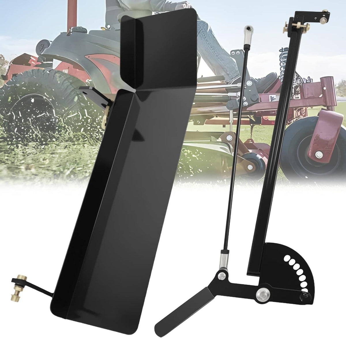 Black steel chute blocker attachment with angled guard and mounting hardware