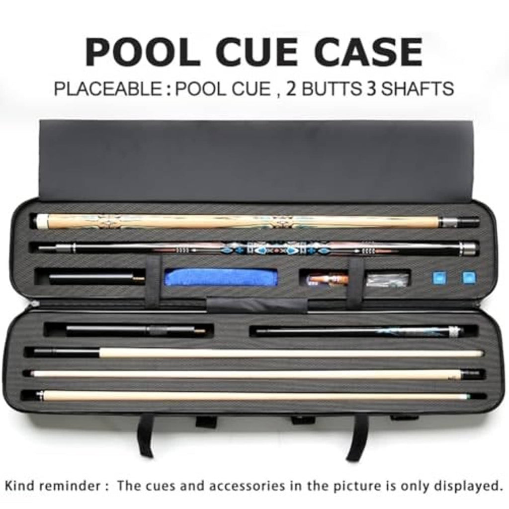 Black pool cue case open flat, split compartments and built-in strap handle.