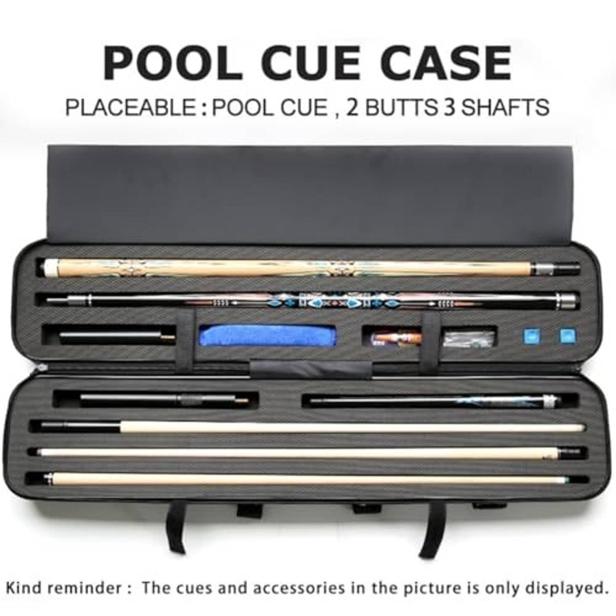Black pool cue case open flat, split compartments and built-in strap handle.