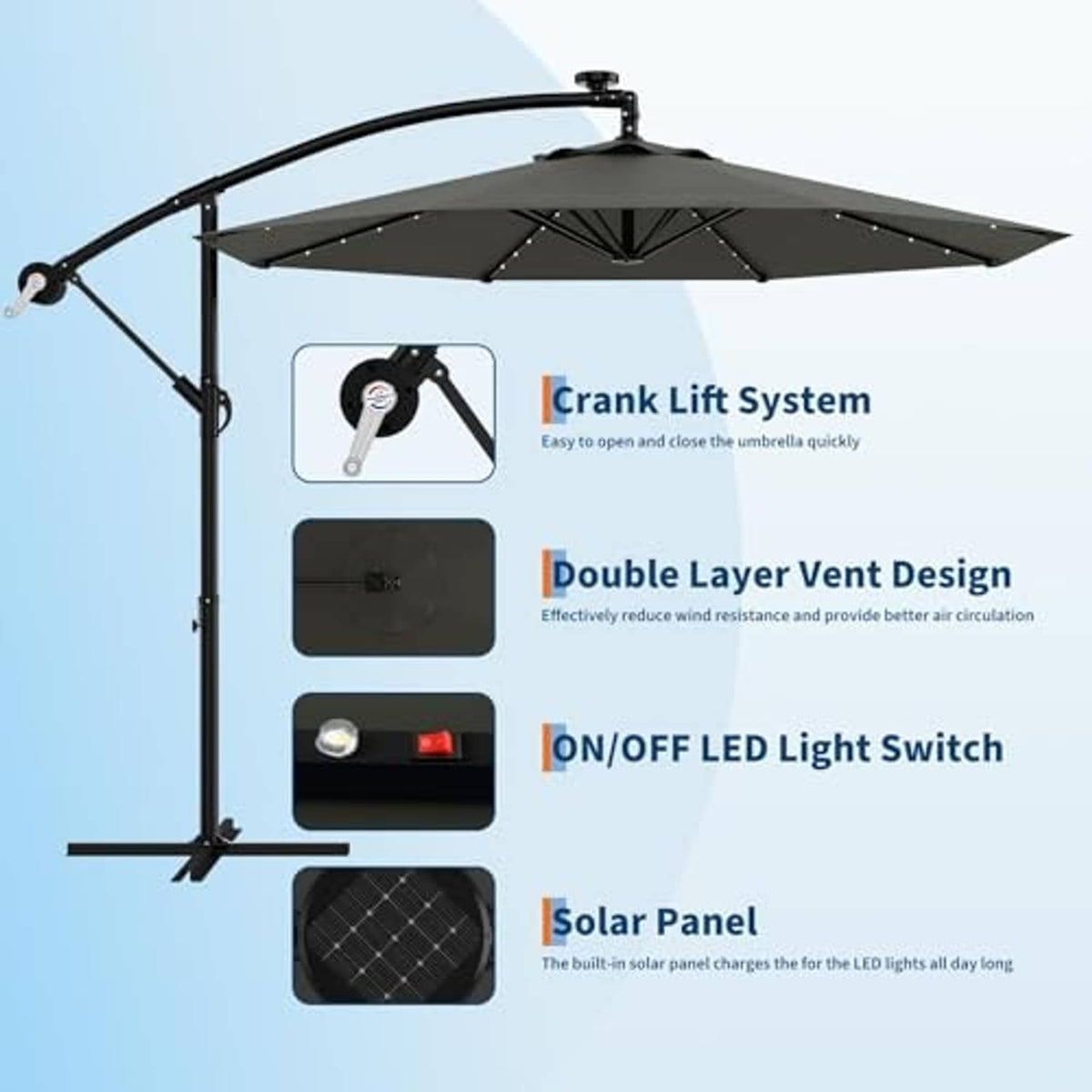 Offset patio umbrella with solar LED switch and built-in solar panel on the pole