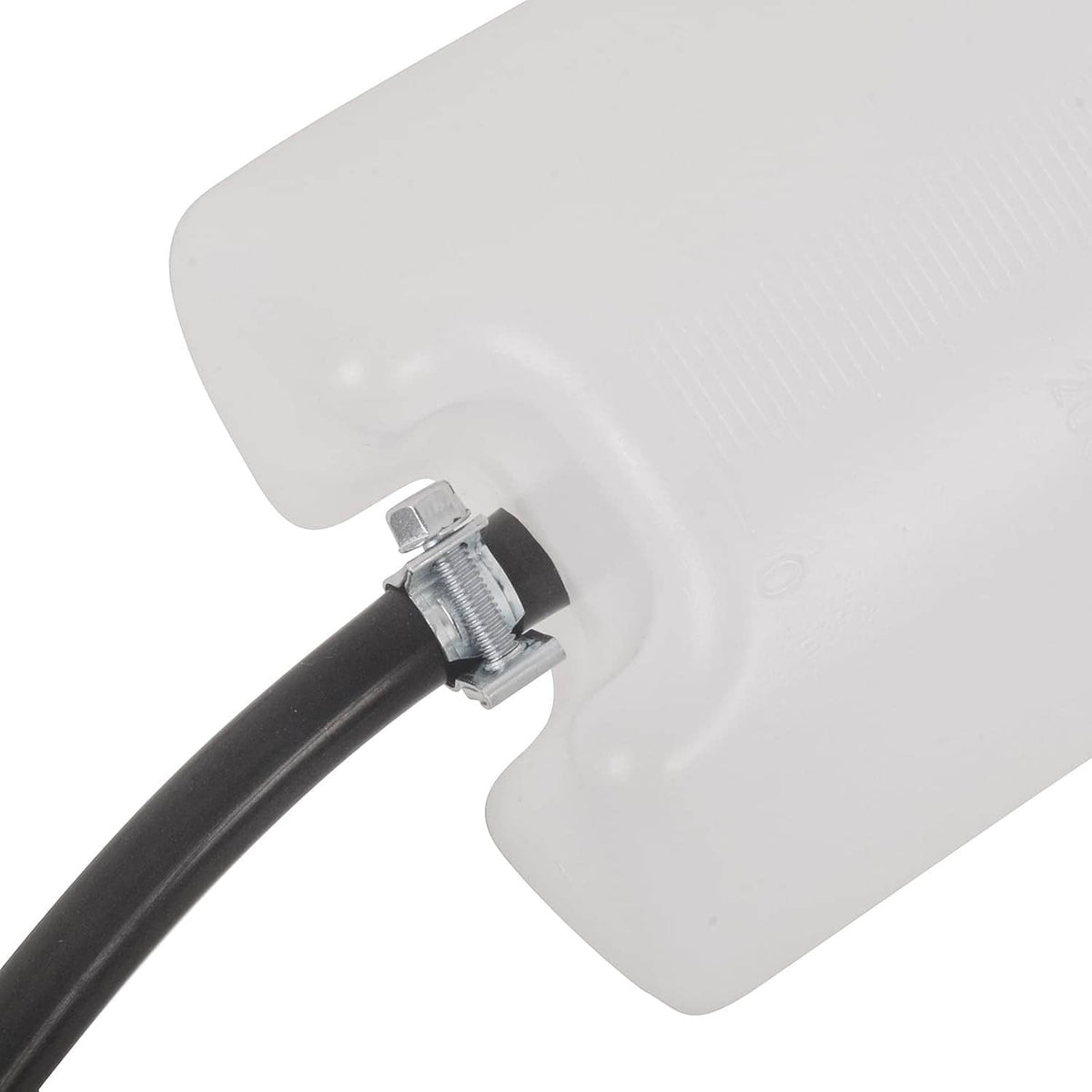 Fuel tank with metal clamp fitting attached to black hose