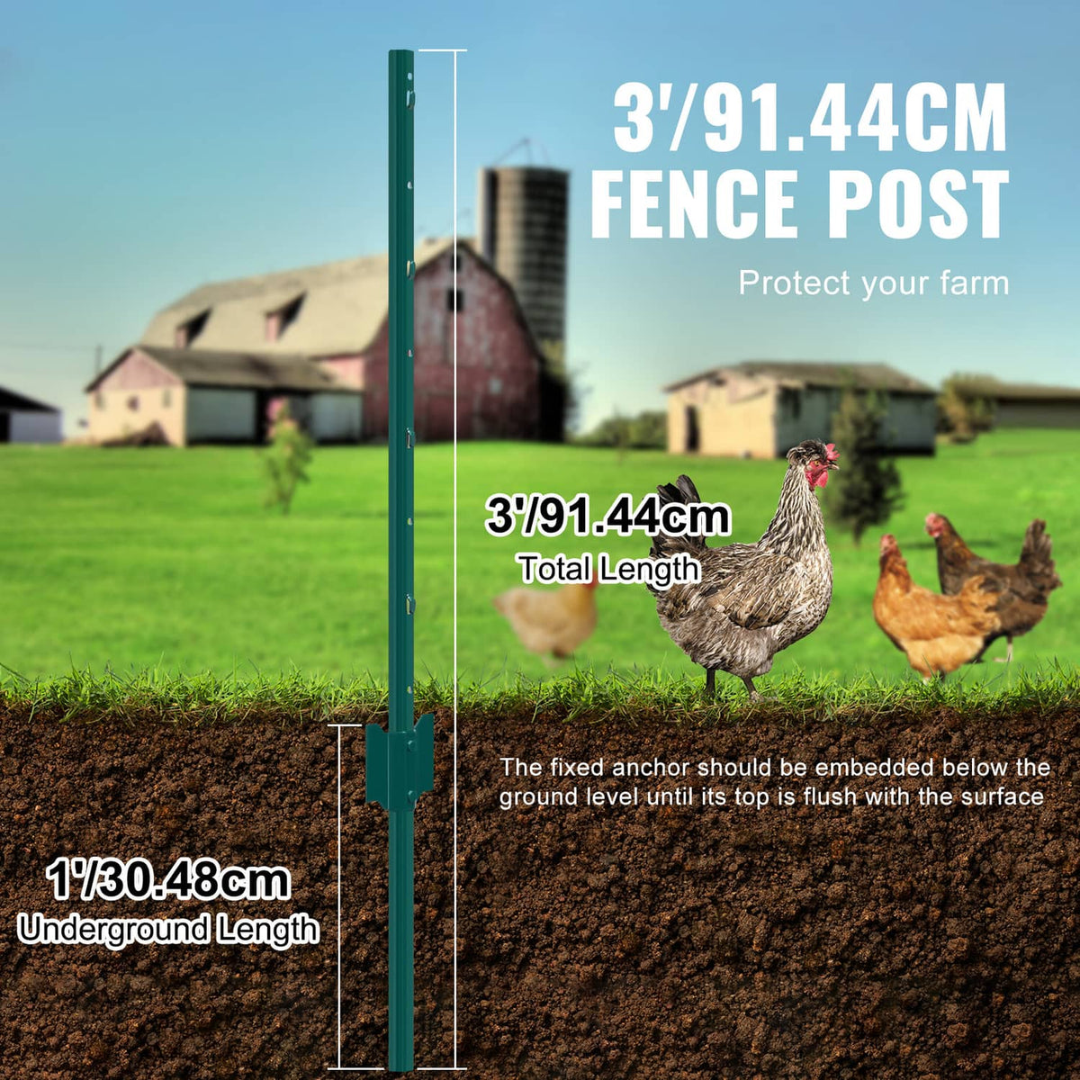 Green 3-ft metal fence post with fixed anchor and evenly spaced mounting holes