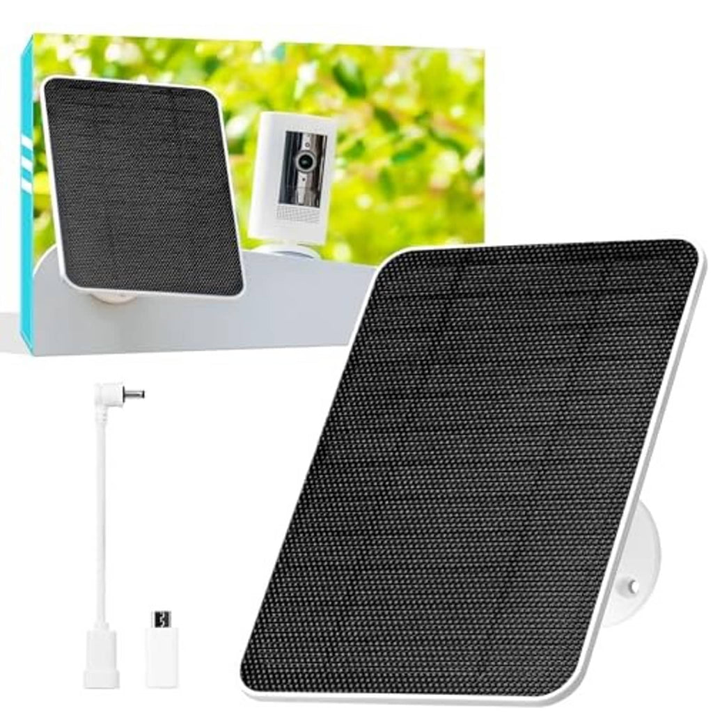 Black solar panel with white mounting bracket and included charging cable