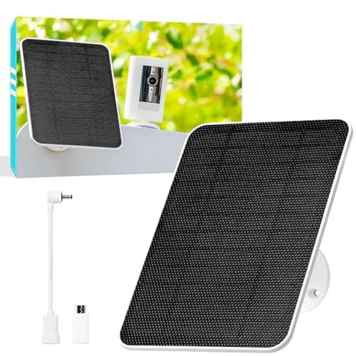 Black solar panel with white mounting bracket and included charging cable