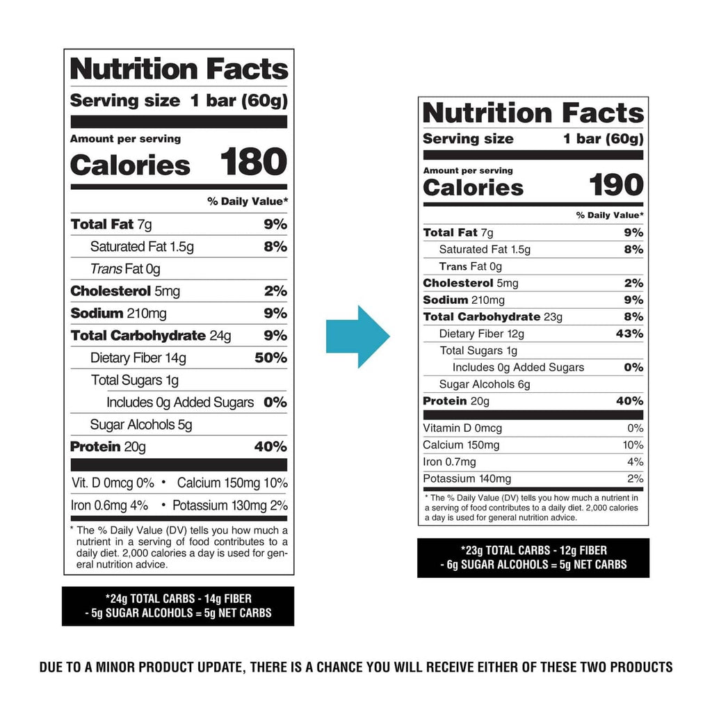 Nutrition Facts panel for 1 bar (60g) on oatmeal chocolate chip protein bar