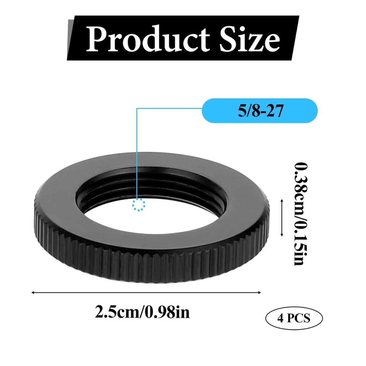 Black 5/8-27 microphone stand lock nut set of 4, knurled grip, size chart view