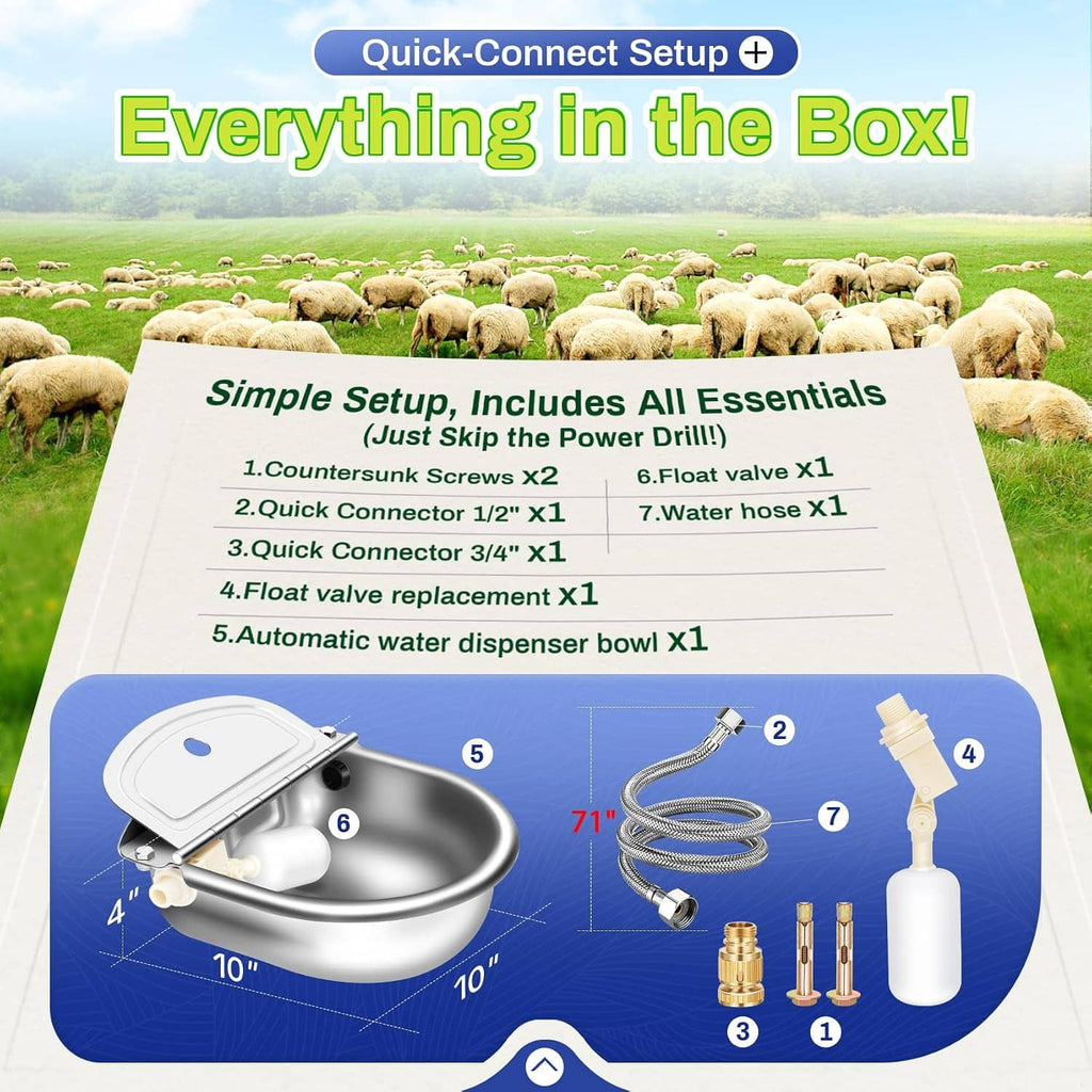 Automatic water bowl kit with float valve, hose, and quick-connect fittings, parts layout