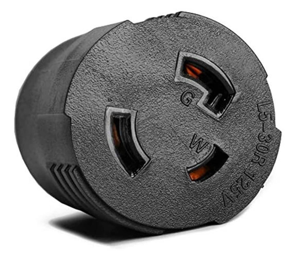Dark gray twist-lock plug adapter angled view with two slots and grounding port