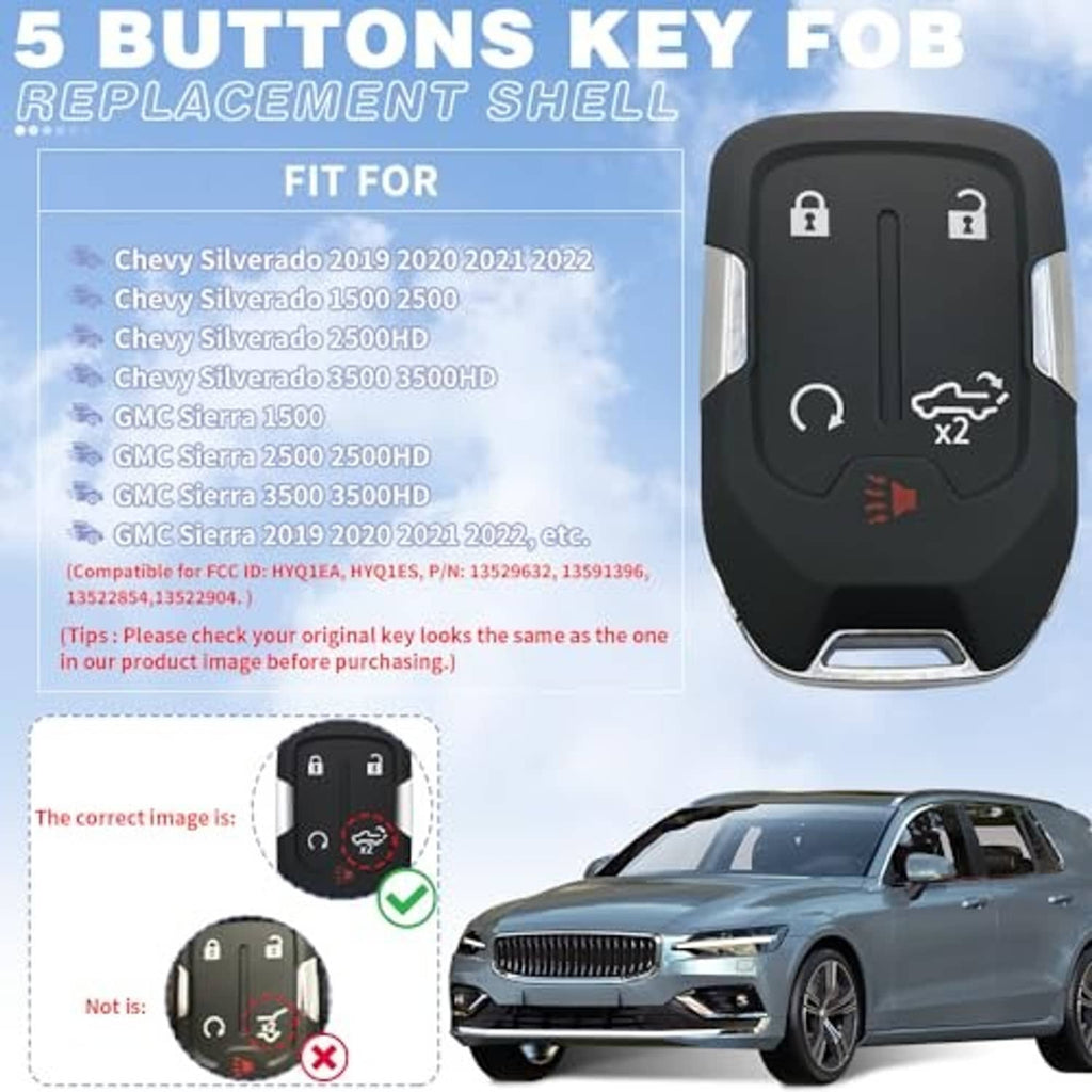 Black key fob replacement shell with five buttons, key ring, and braided lanyard included