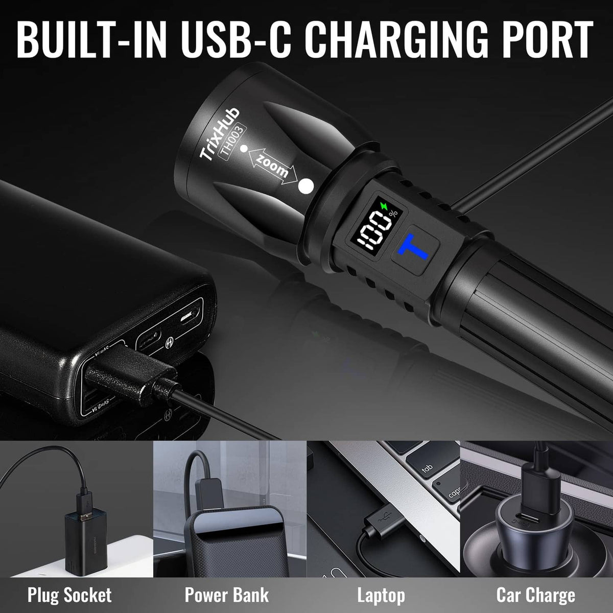 Black rechargeable flashlight with built-in USB-C charging port and charging options